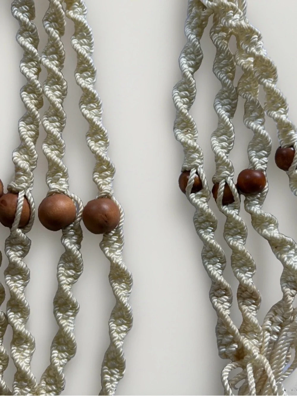 Vintage Macrame Plant Hanger Lot Cream Poly Cord Wood Beads 70s Boho 26
